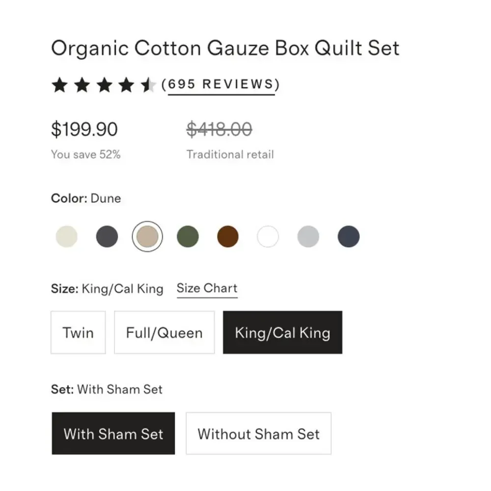 QUINCE Organic Cotton Gauze Box Quilt SET King/CAL KING Size in DUNE